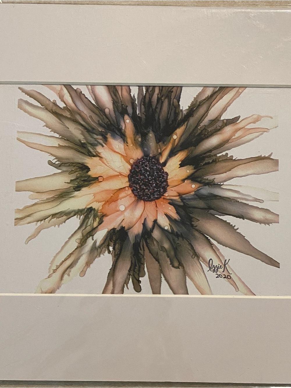 Peach and Olive Abstract Sunflower Alcohol ink Wall Art - Signed Print